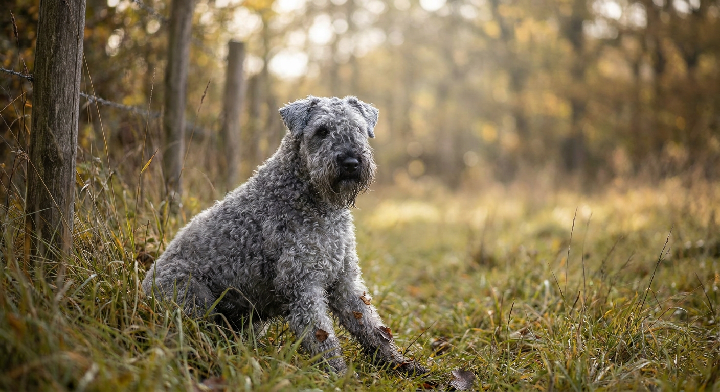 A medium-sized Kerry Blue Terrier with a characteristic wavy blue-gray coat and bearded muzzle standing in a field.
