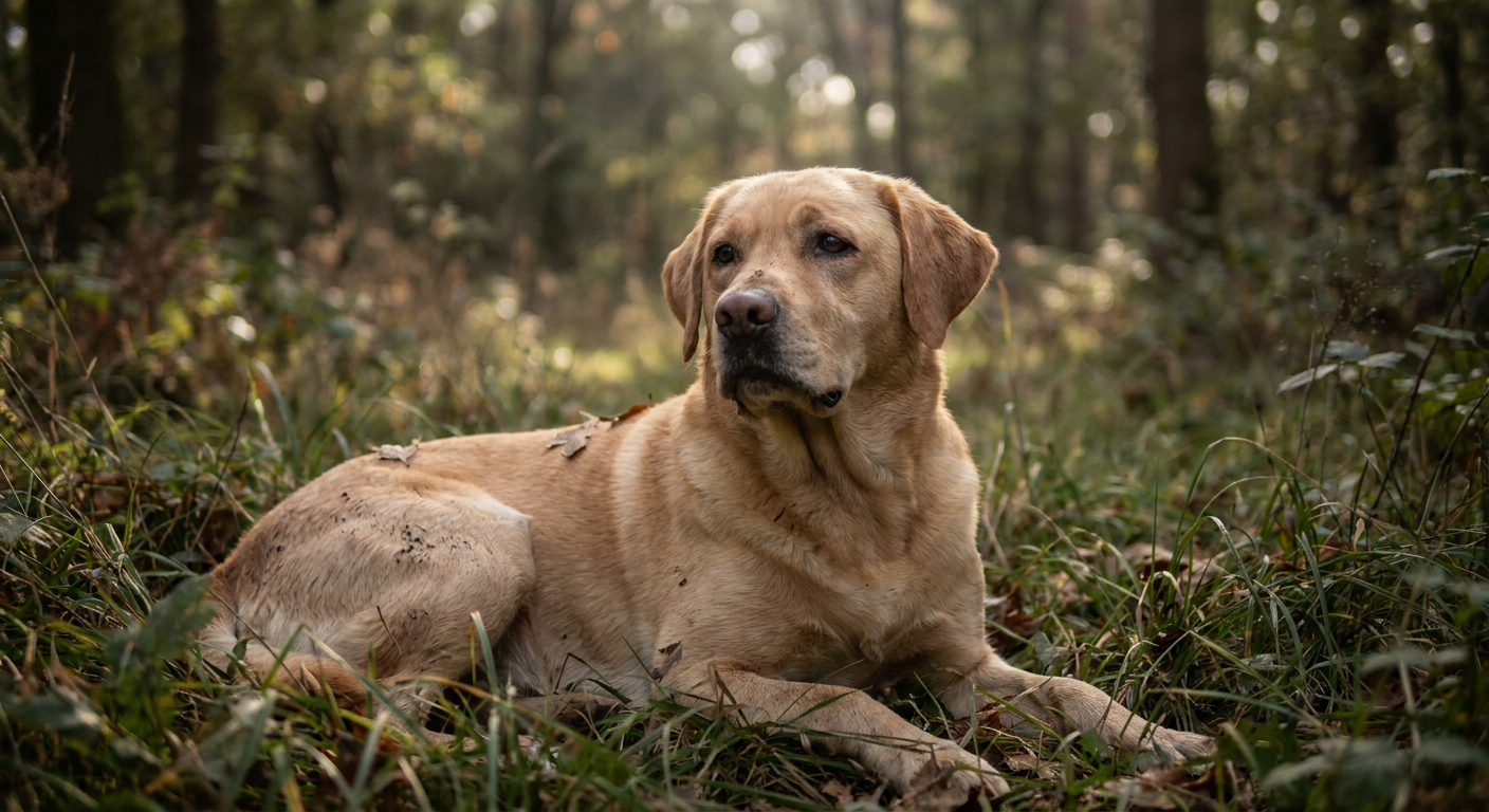 Yellow Labrador Retriever sitting in a sunlit grassy backyard