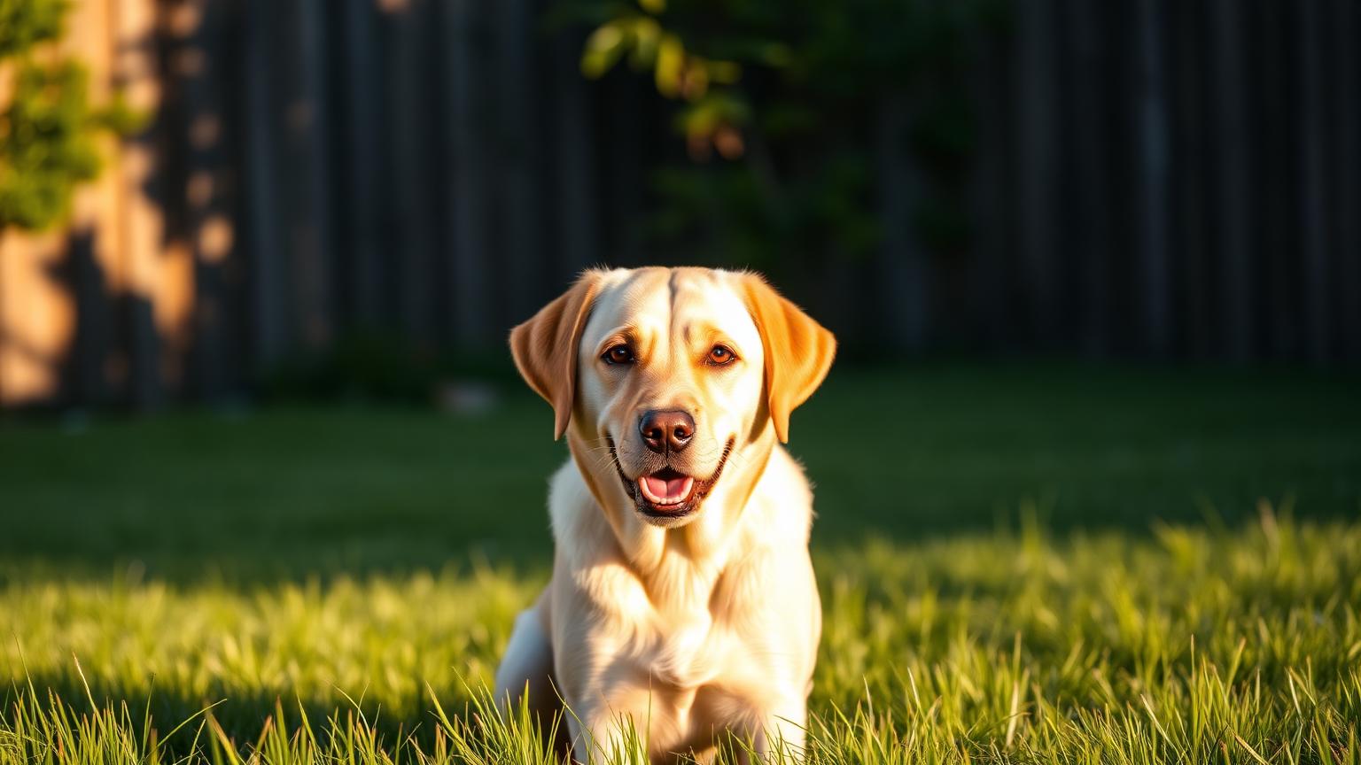 Yellow Labrador Retriever sitting in a sunlit grassy backyard