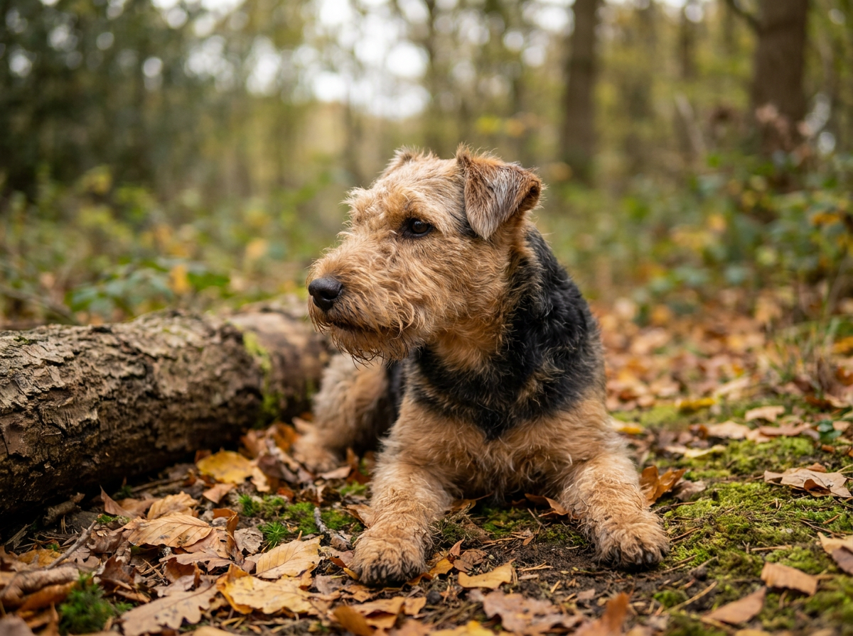 A Lakeland Terrier standing alertly, showing its rectangular frame, wiry coat, and folded ears.