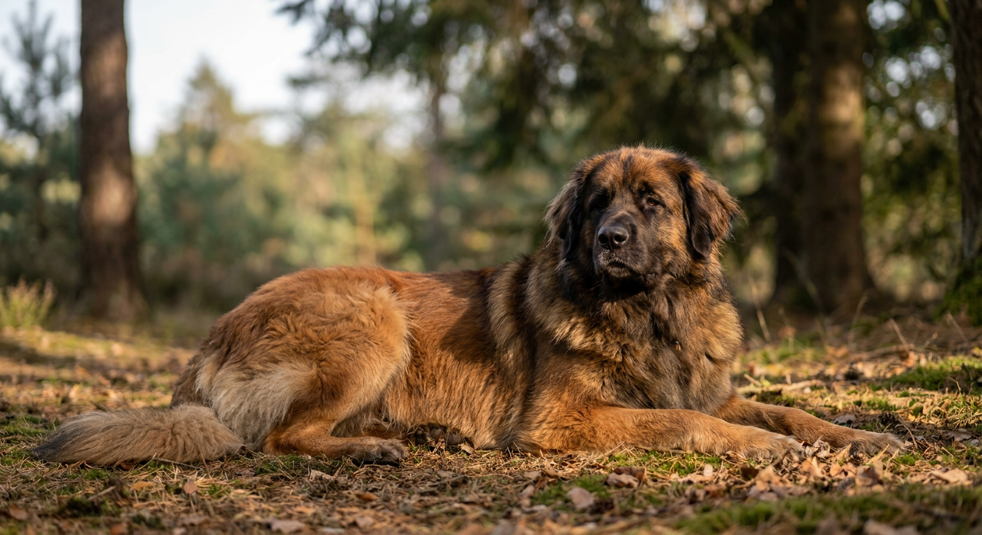 A massive, majestic Leonberger dog with a lion-like mane and a dark mask, standing in a grassy field.