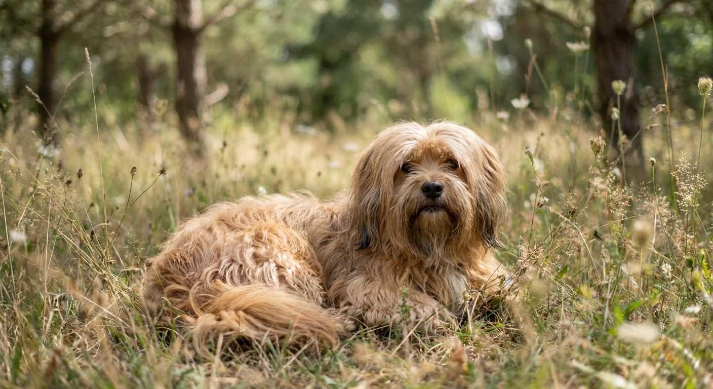 Golden Lhasa Apso with long flowing coat sitting on a Persian rug in soft window light