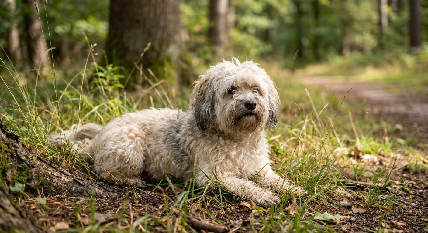 A small, spirited Löwchen dog with a traditional lion clip standing in a garden.