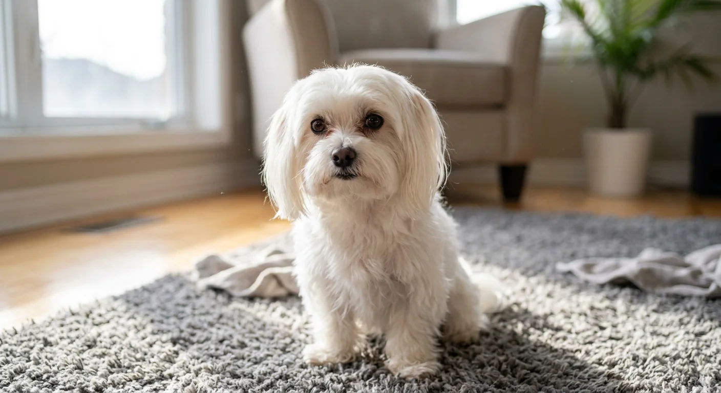 A small, long-haired white Maltese dog sitting indoors on a neutral background.