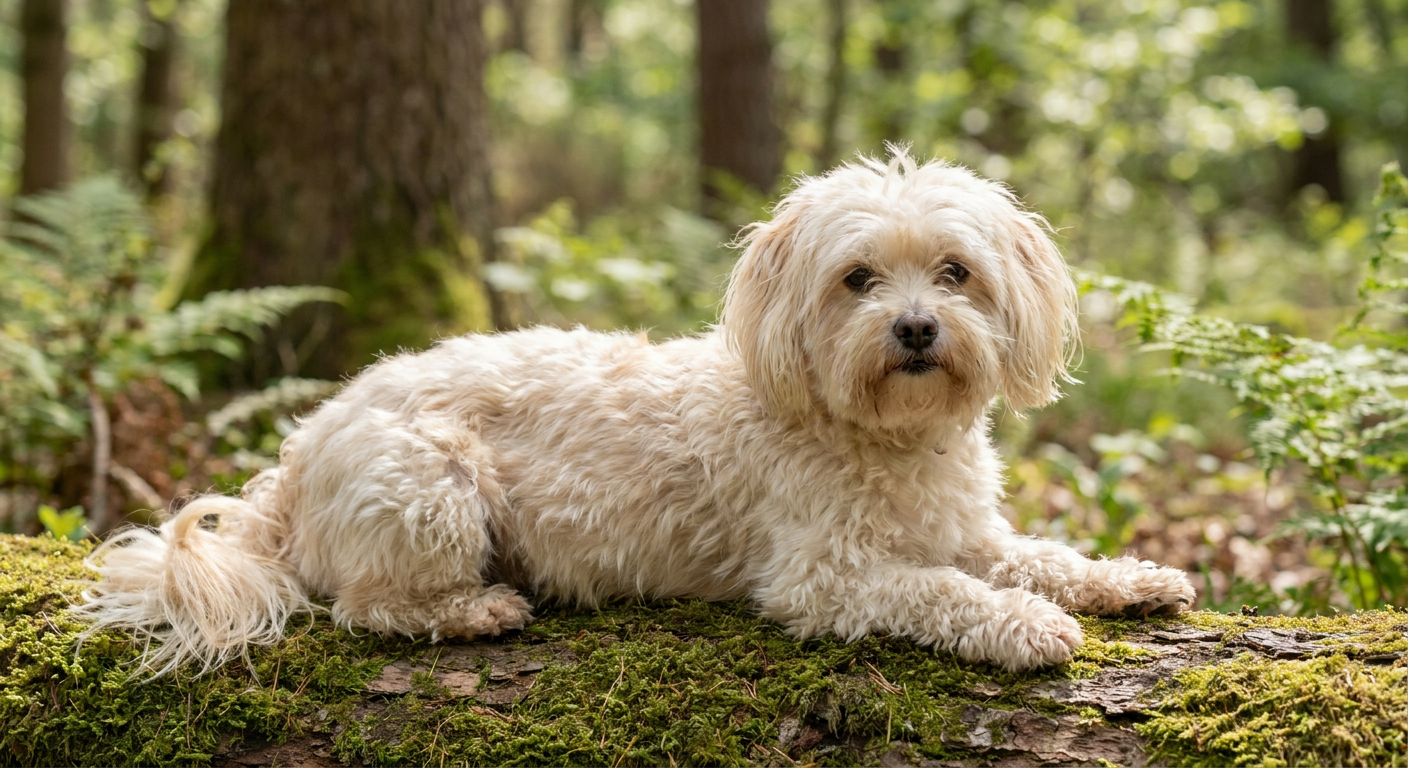 A small, long-haired white Maltese dog sitting indoors on a neutral background.