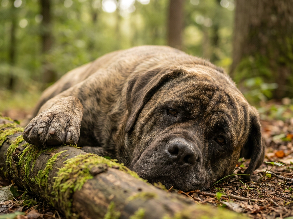 English Mastiff with fawn coat and dark mask lying on a rustic wooden porch