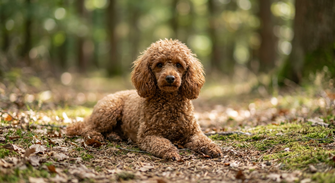Silver Miniature Poodle with curly coat on a hardwood floor in soft morning light