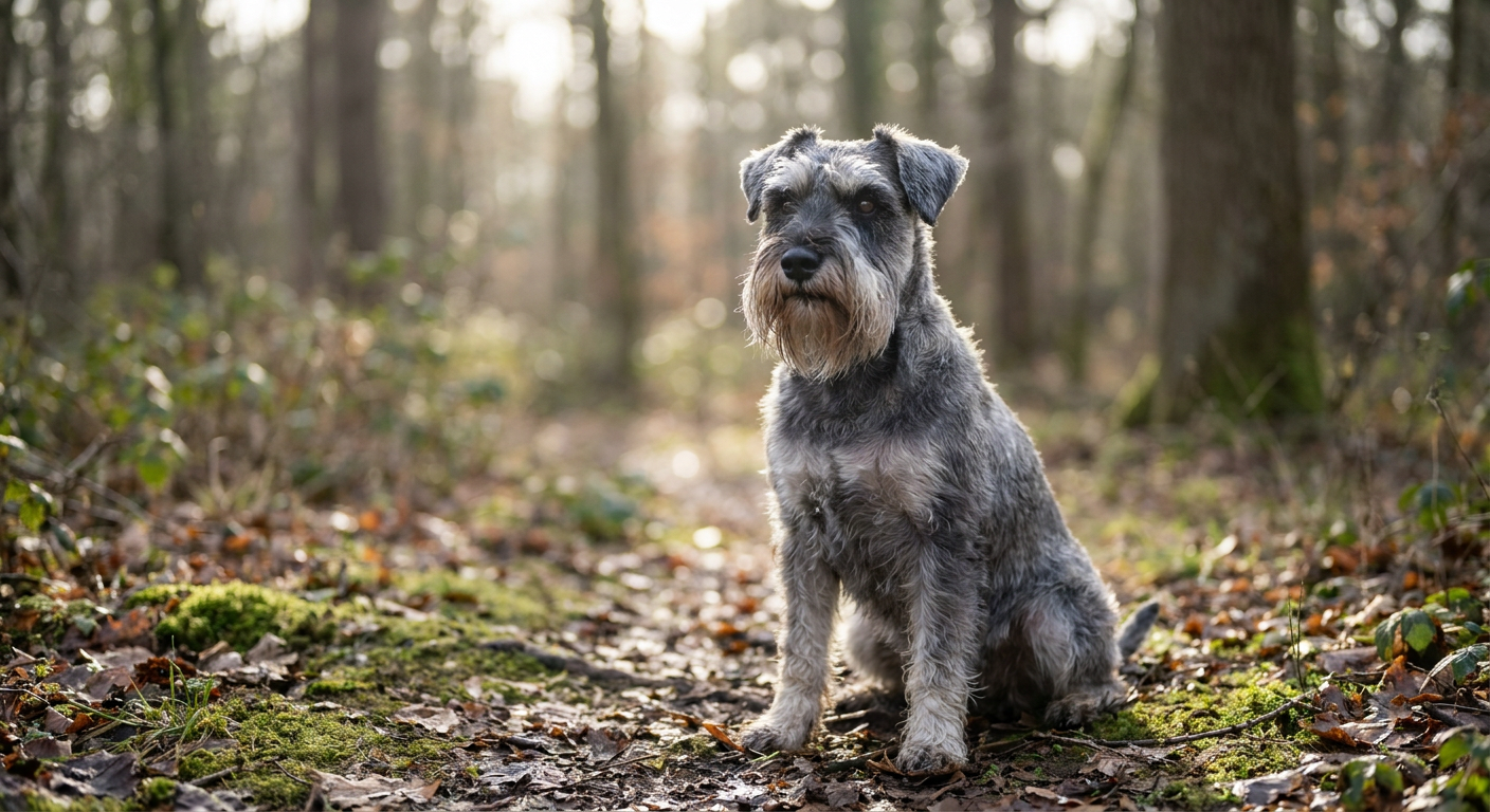 Salt-and-pepper Miniature Schnauzer sitting on a tiled patio