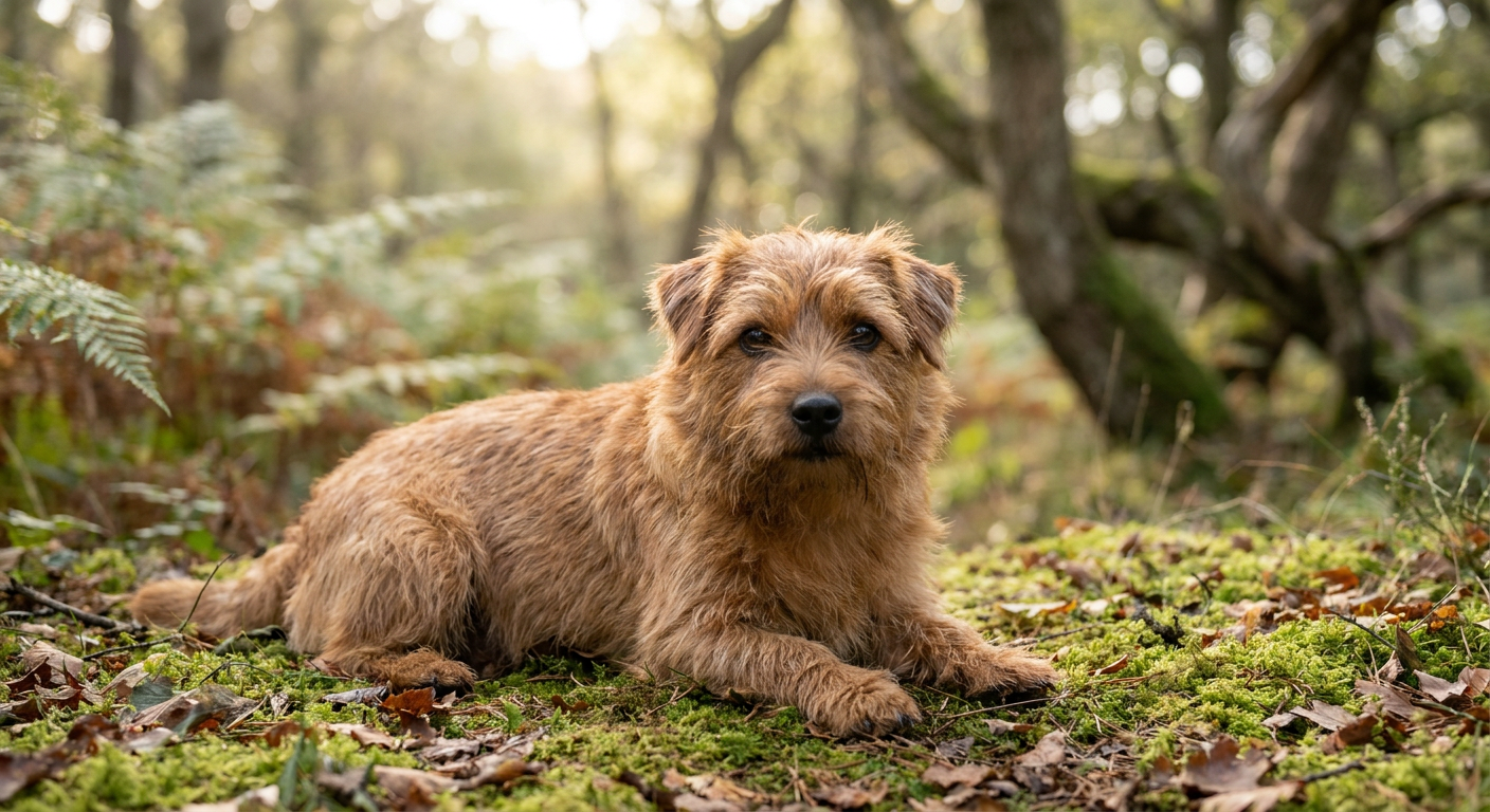 A small, sturdy Norfolk Terrier with its characteristic wire coat and dropped ears standing in grass.
