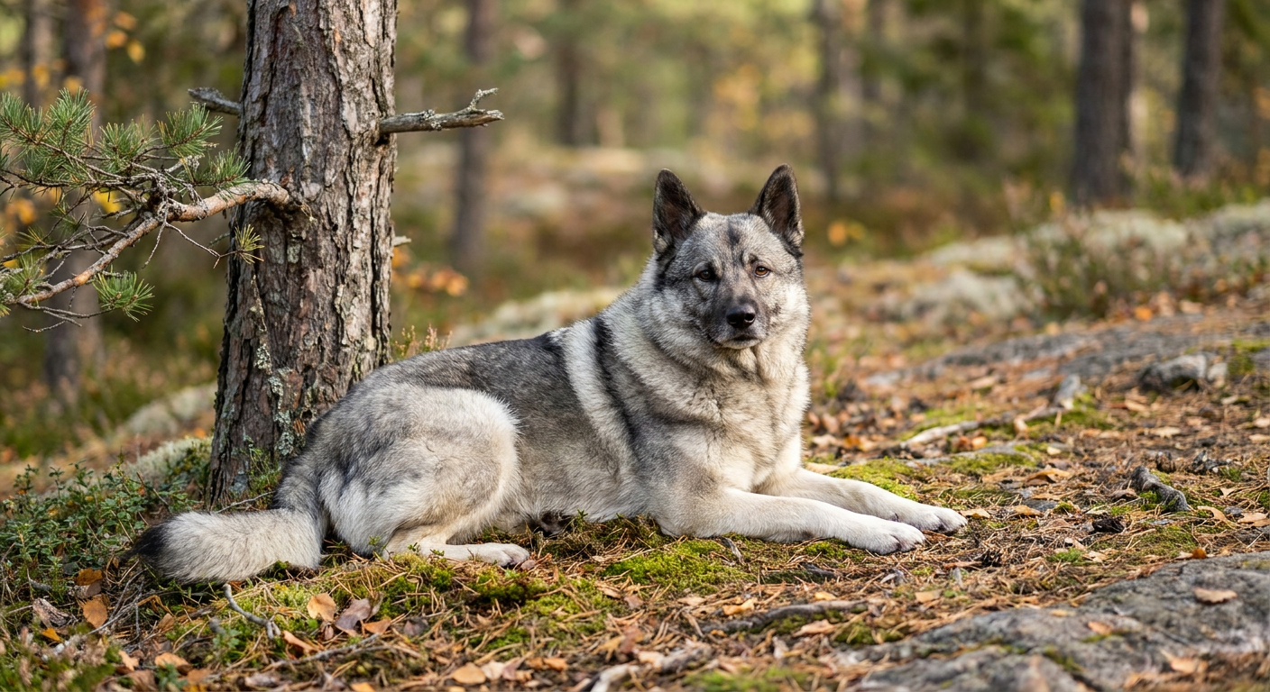 Norwegian Elkhound with thick gray coat and curled tail in a snowy pine forest