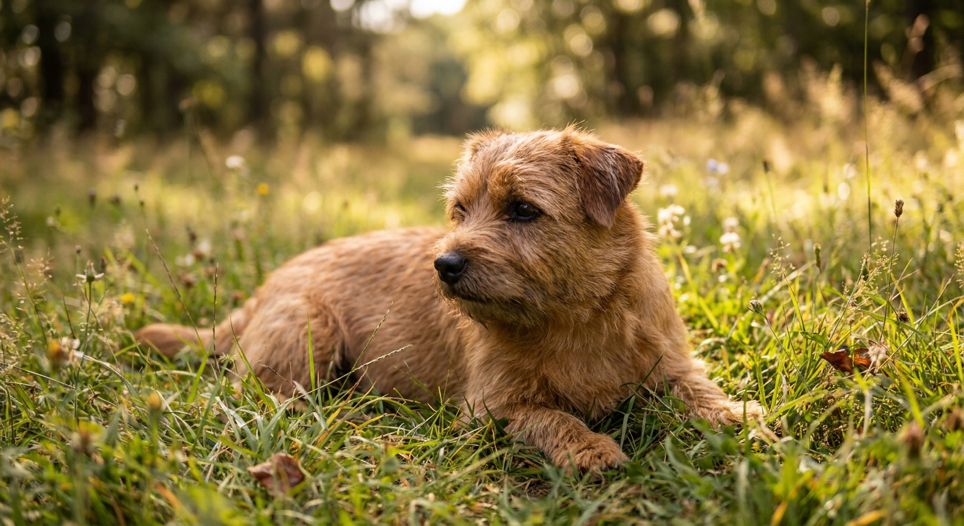 A small, sturdy Norwich Terrier with pricked ears and a wiry red coat standing in grass.