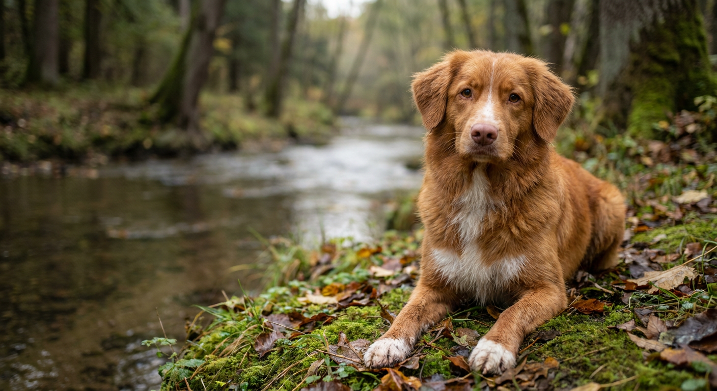 Nova Scotia Duck Tolling Retriever sitting among autumn leaves by a pond