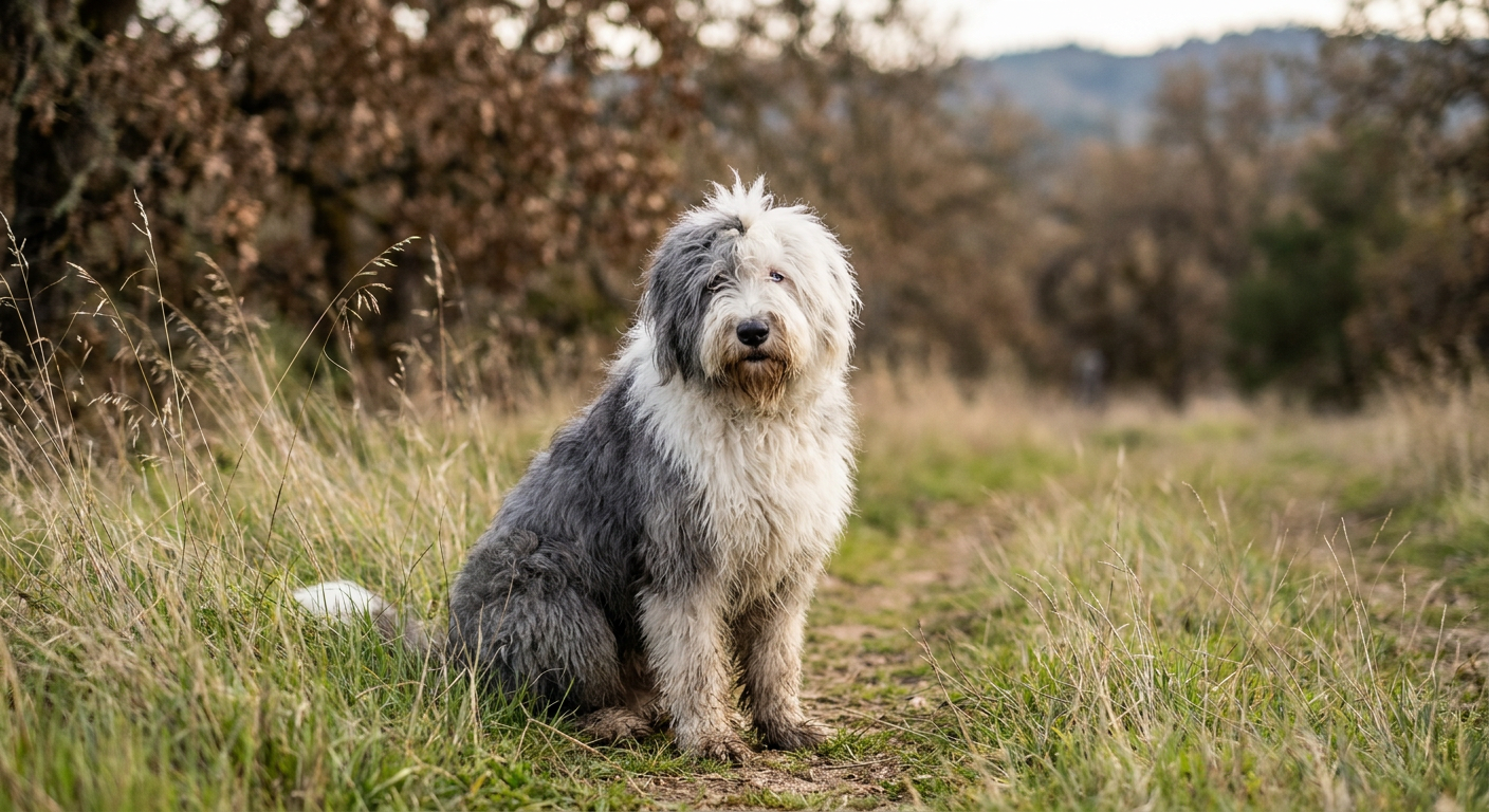 Old English Sheepdog with shaggy gray-and-white coat sitting on a green pasture