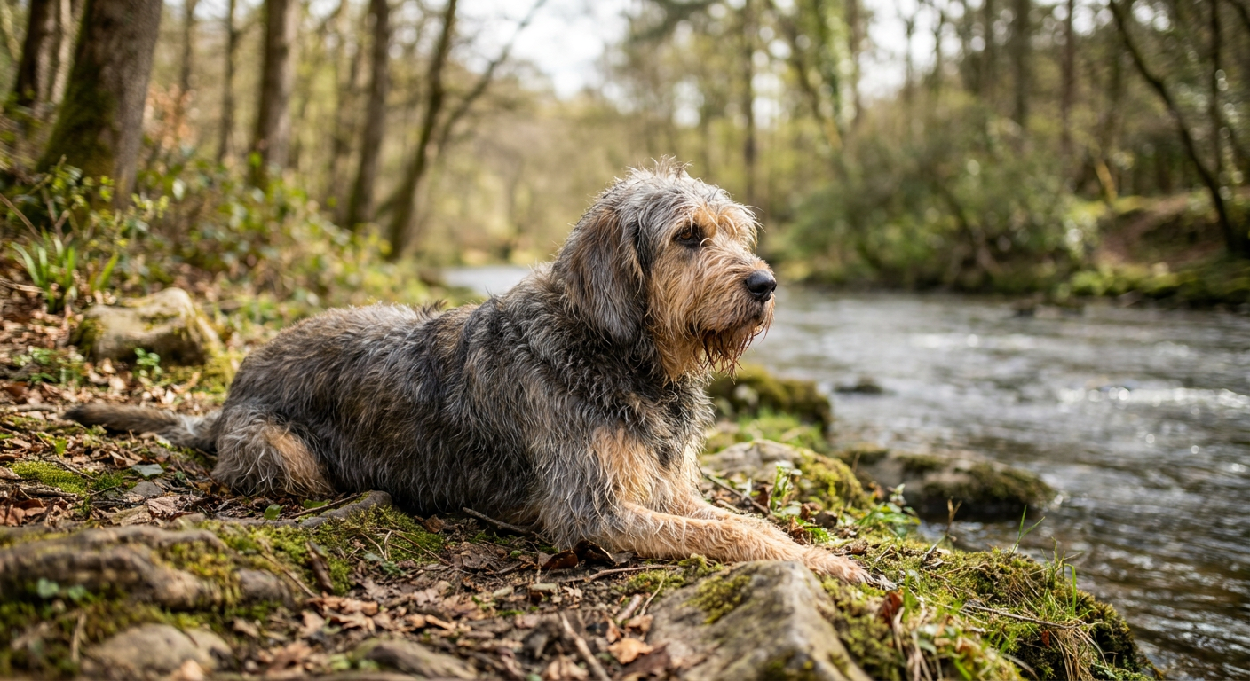 A large, shaggy Otterhound with a distinctive rough coat and soulful eyes standing in a grassy field.