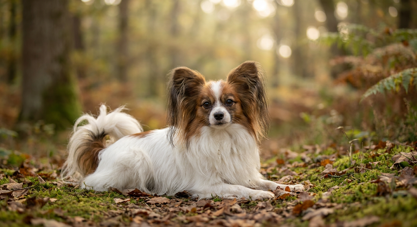 Papillon with butterfly fringed ears and white-and-sable coat on a velvet cushion