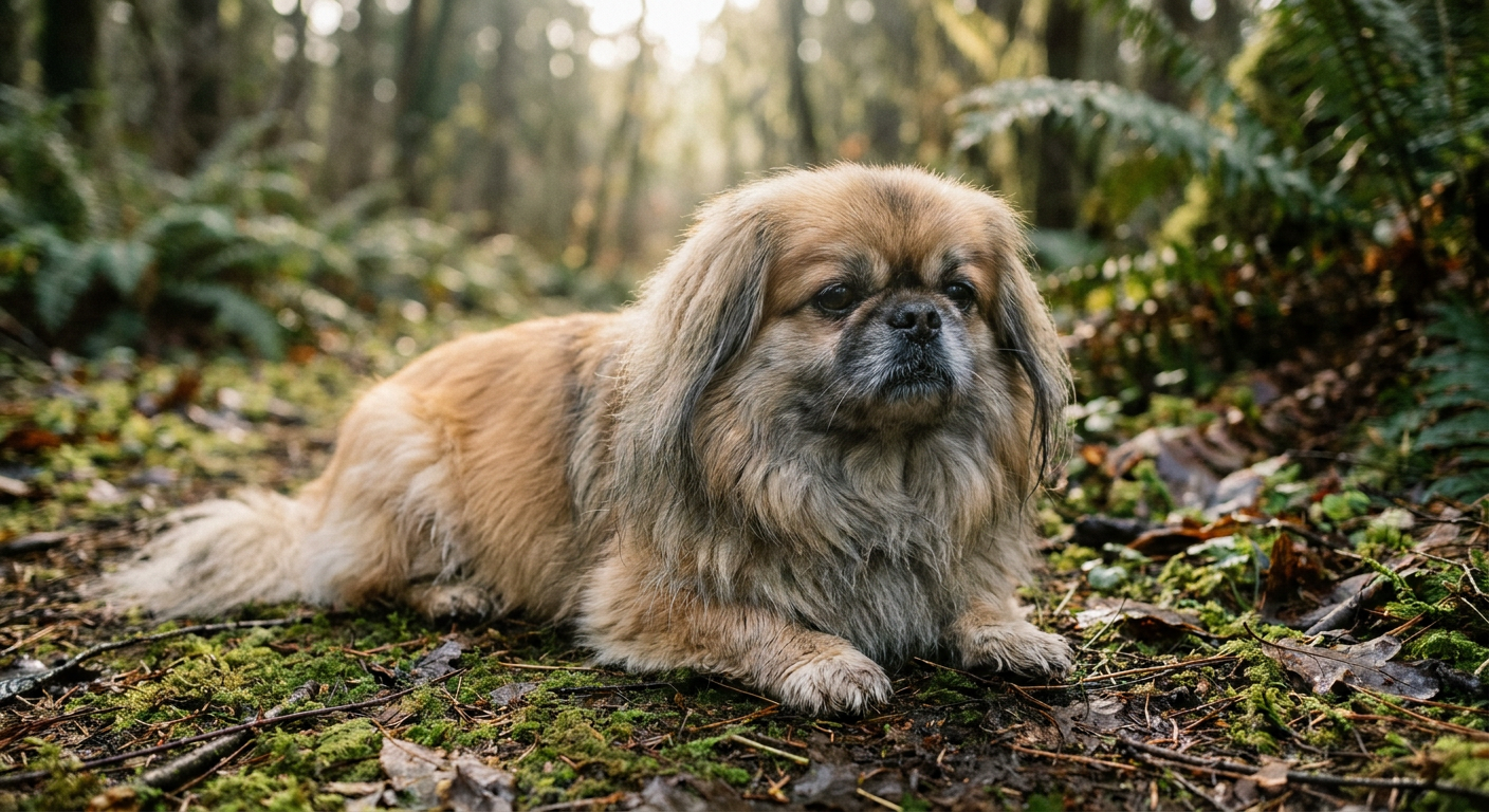 Fawn-and-white Pekingese sitting regally on a silk cushion