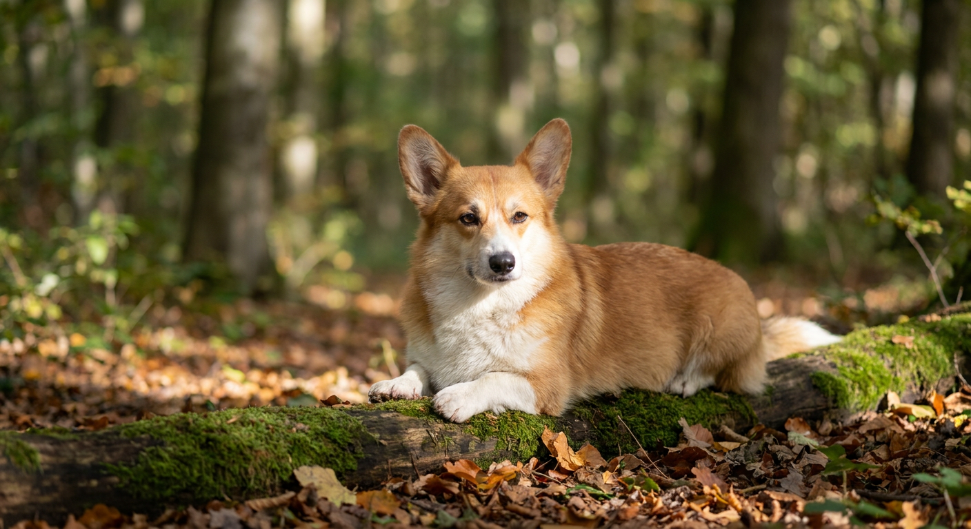 A red and white Pembroke Welsh Corgi standing alert in a grassy field.