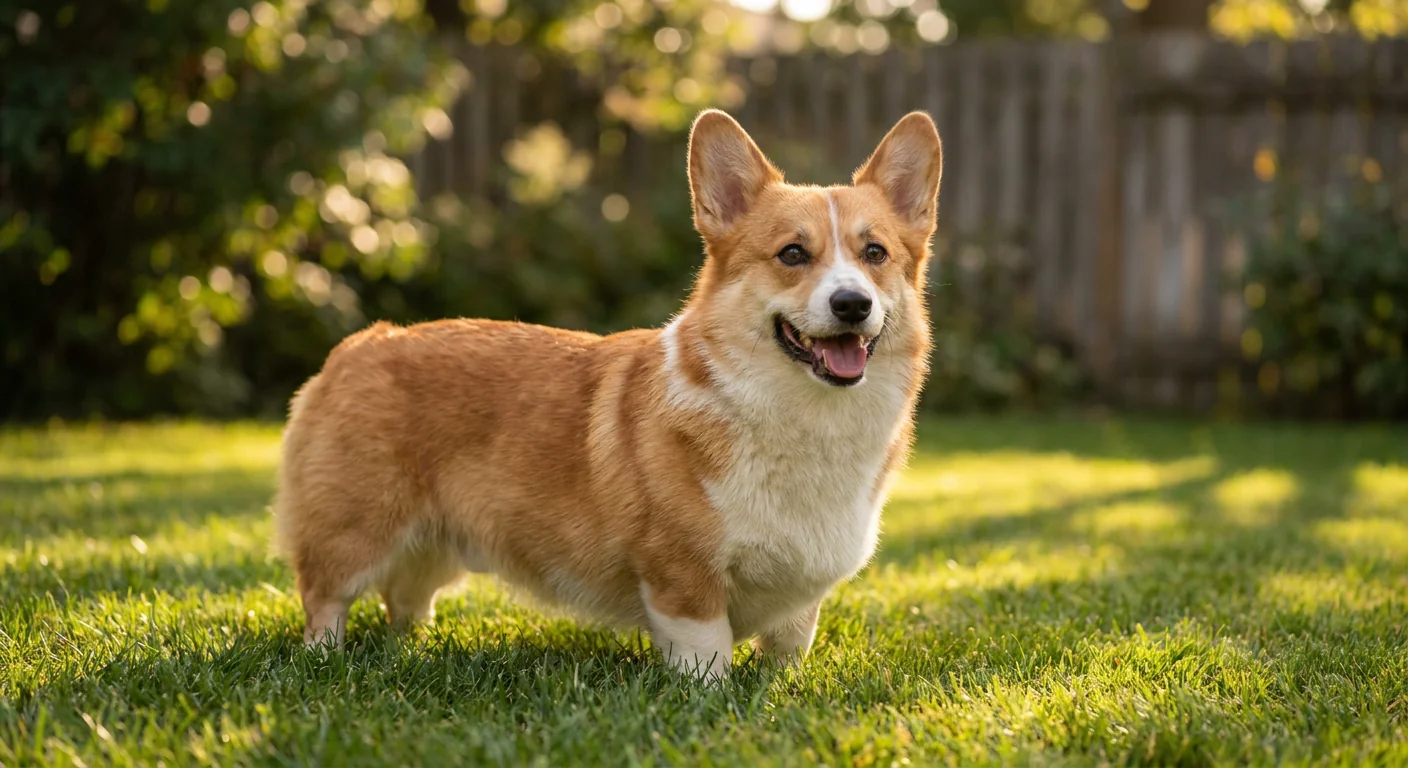 A red and white Pembroke Welsh Corgi standing alert in a grassy field.