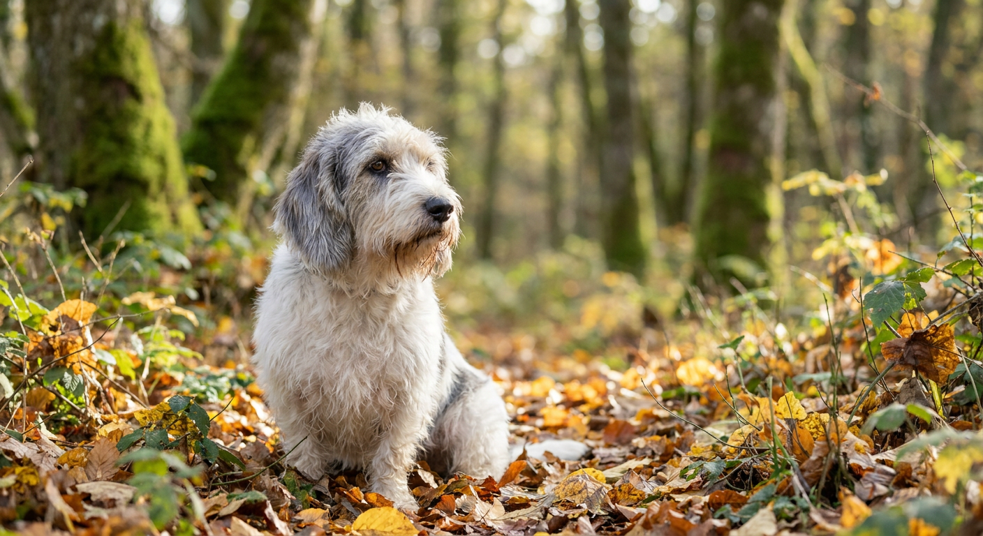 A small, scruffy-coated white hound with lemon and orange markings standing alertly.