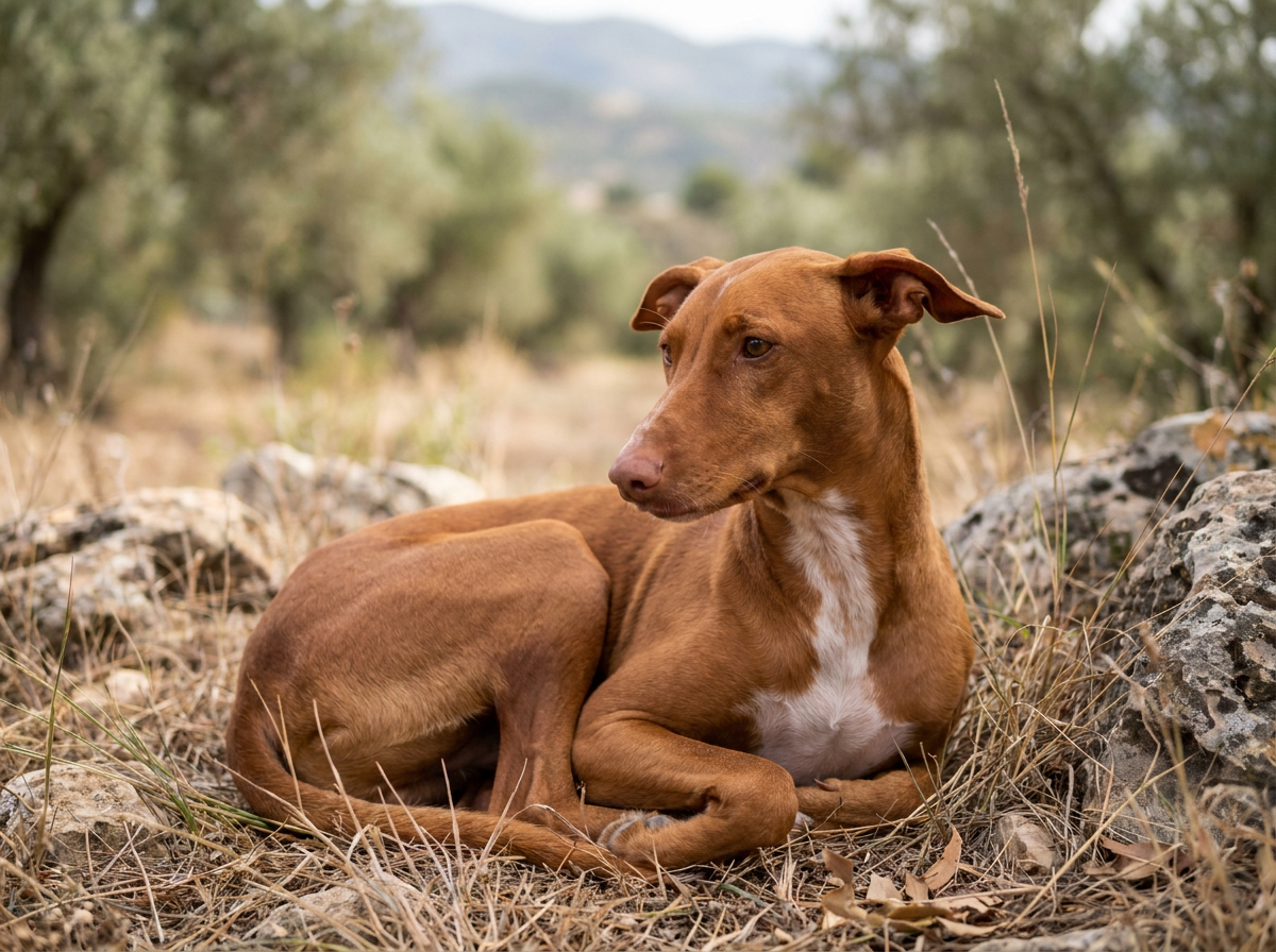 A sleek, tan-colored Pharaoh Hound standing in profile with large, upright ears.