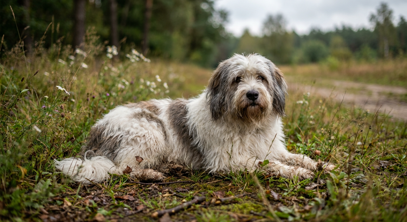 A medium-sized, shaggy Polish Lowland Sheepdog standing in a field.