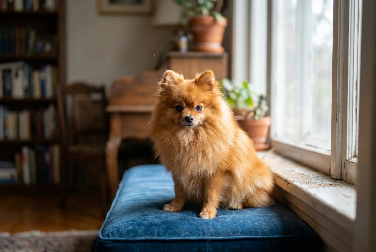 A full-coated orange Pomeranian standing alertly in a green, grassy area.