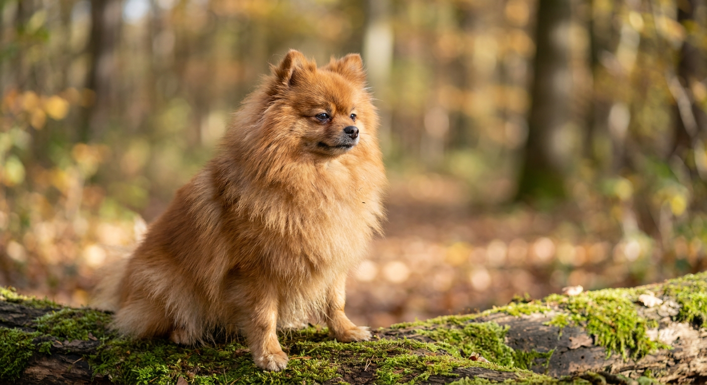 A full-coated orange Pomeranian standing alertly in a green, grassy area.