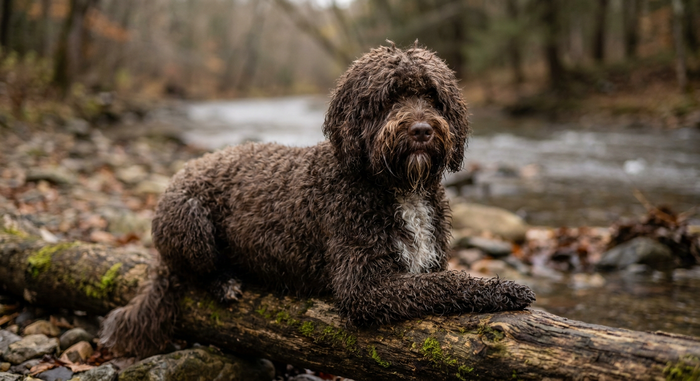 A curly-coated Portuguese Water Dog standing alertly near water.