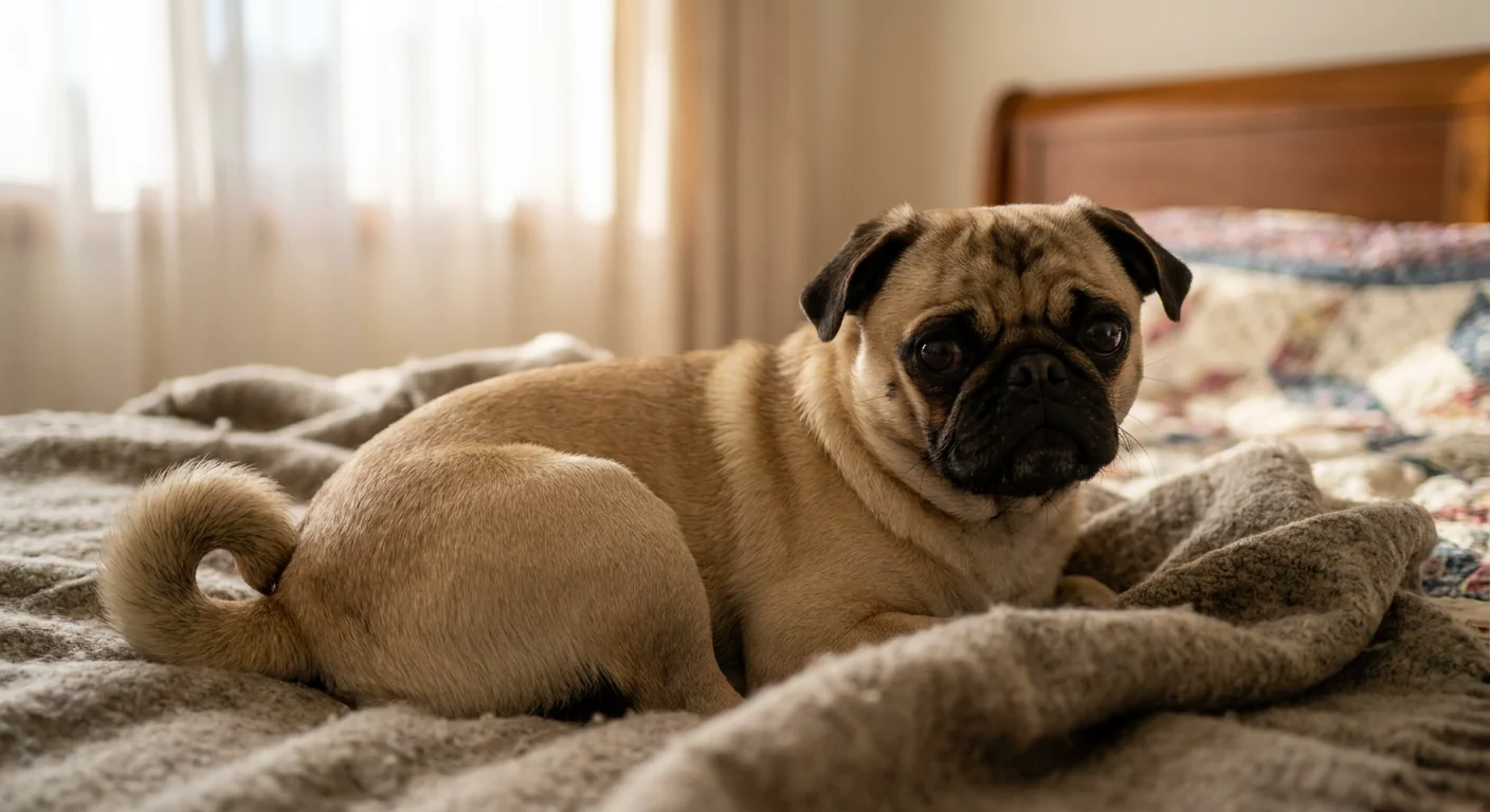 A fawn Pug with a black mask sitting attentively on a green lawn.