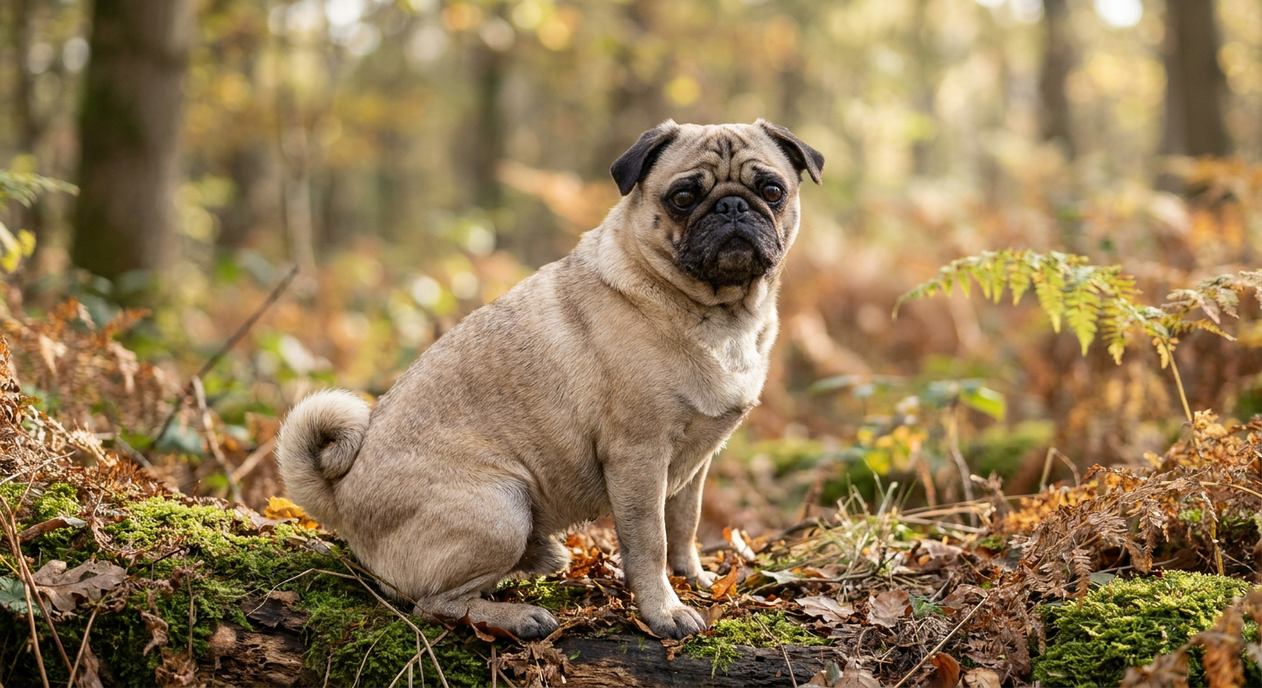 A fawn Pug with a black mask sitting attentively on a green lawn.