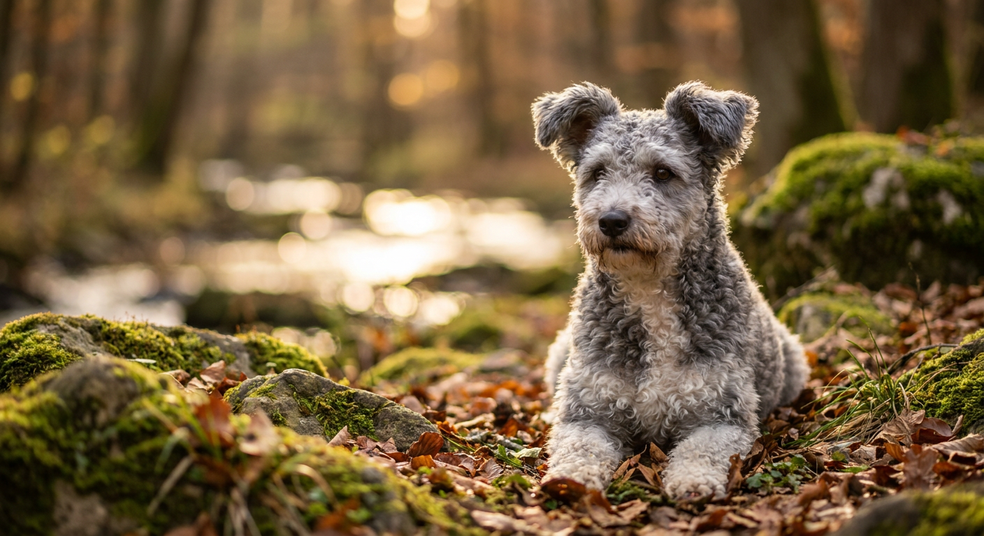 A medium-sized Pumi with characteristic corkscrew curls and alert, semi-erect ears.