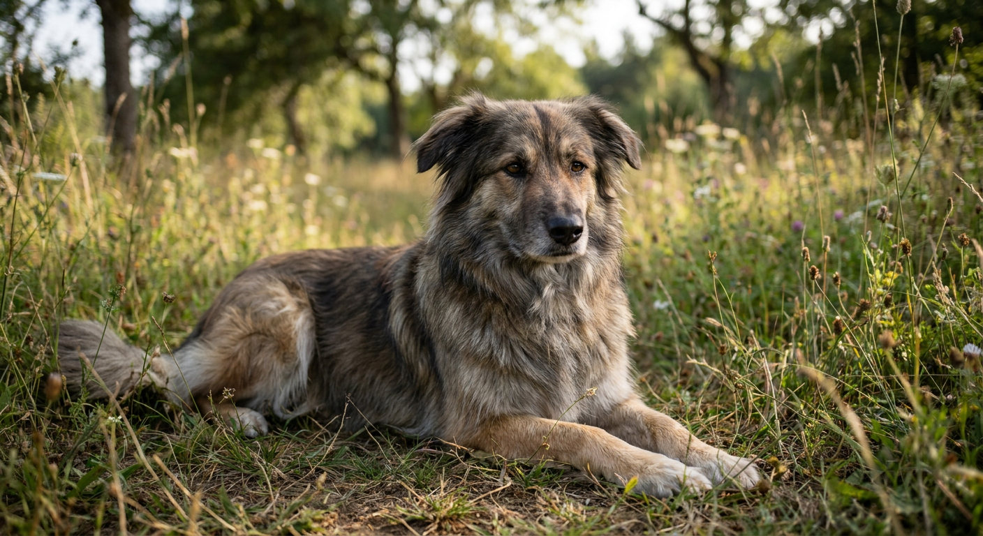 A small, energetic Pyrenean Shepherd with a shaggy coat and an alert, intelligent expression.