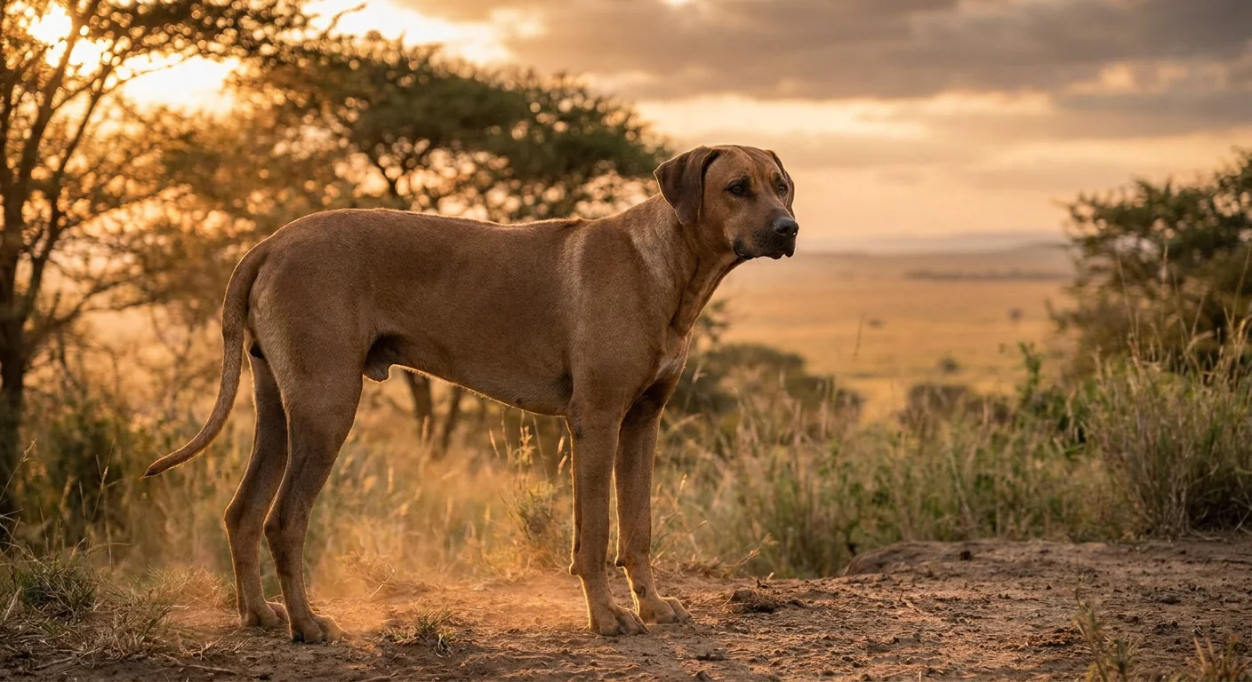 A light wheaten Rhodesian Ridgeback stands alert in a grassy field.