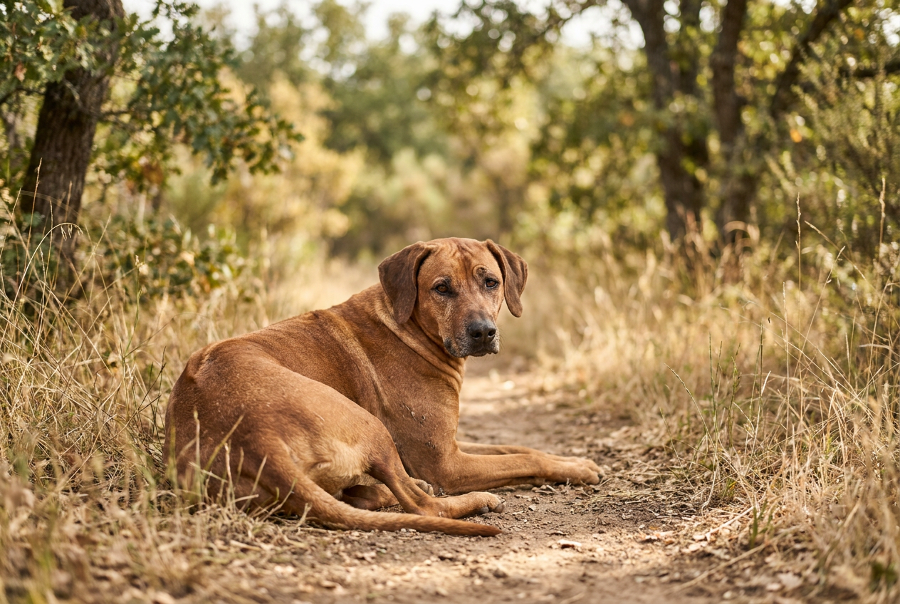 A light wheaten Rhodesian Ridgeback stands alert in a grassy field.