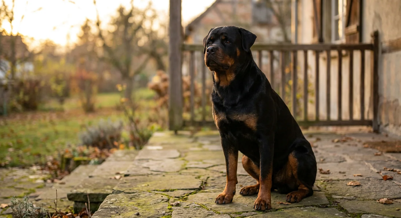 A muscular, black-and-tan Rottweiler stands alertly in a grassy field.