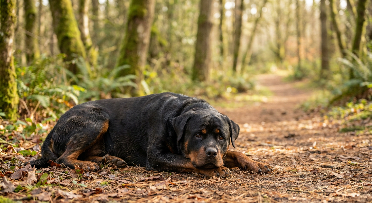 A muscular, black-and-tan Rottweiler stands alertly in a grassy field.