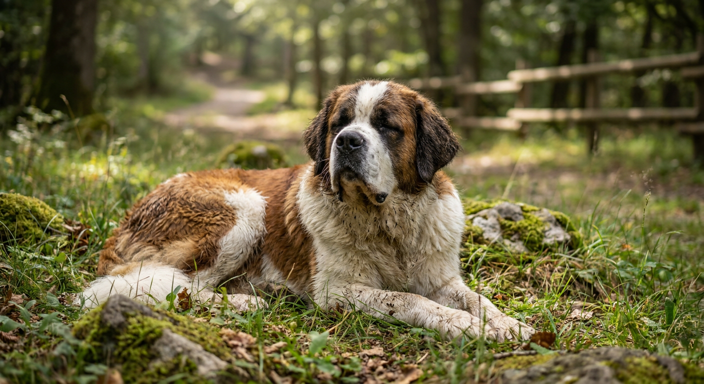 Saint Bernard with white-and-red-brown coat sitting on a stone path in an Alpine village