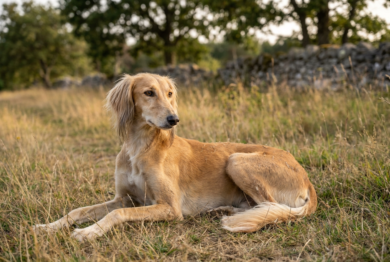 Cream Saluki standing elegantly on desert sand at golden hour