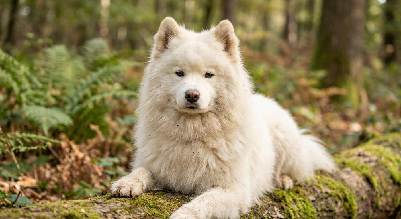 A fluffy white Samoyed dog with a characteristic 'smile' standing in the snow.