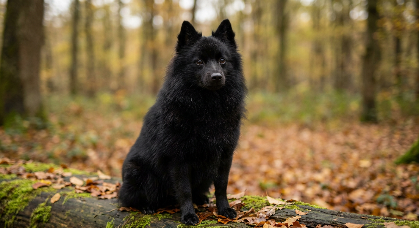 A small, sturdy black dog with a fox-like face, erect ears, and a thick ruff of fur around its neck standing alertly.