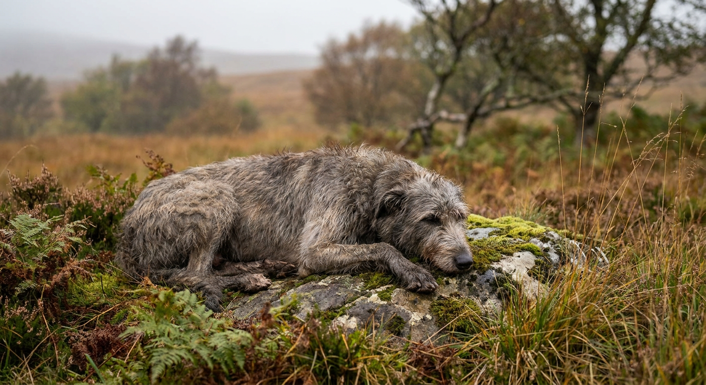 Large, wiry-haired Scottish Deerhound standing in a field.