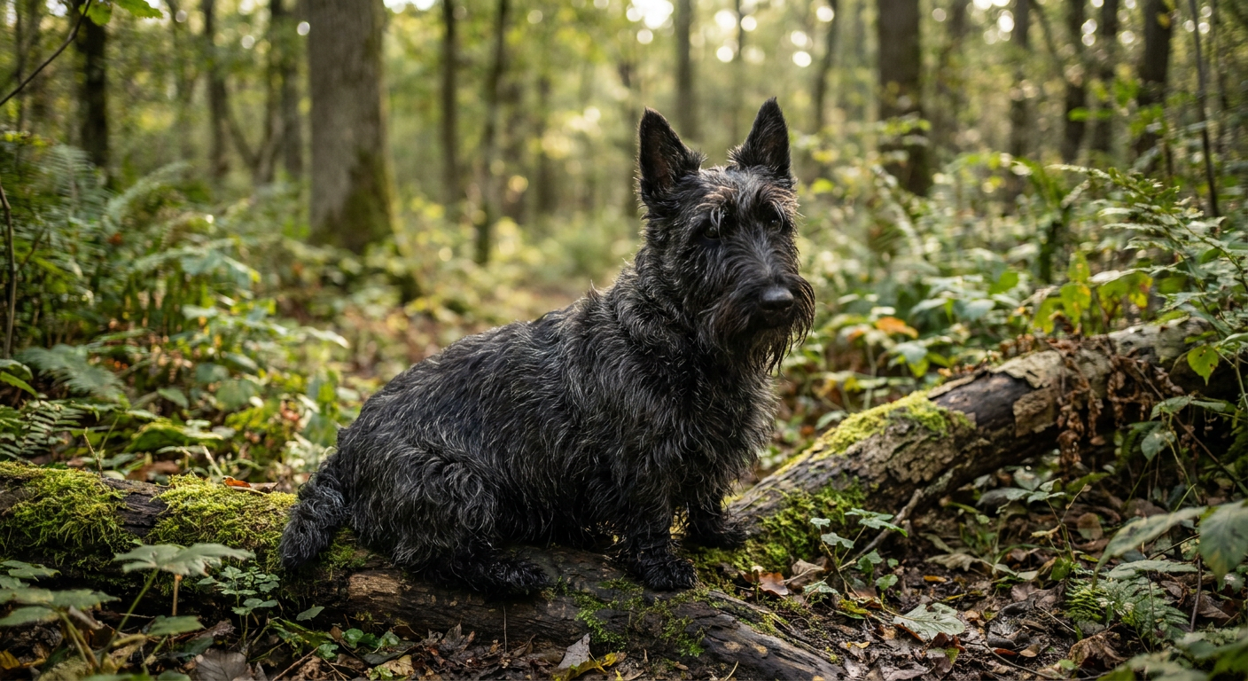 A black Scottish Terrier with its characteristic beard and wiry coat standing alert in a grassy area.