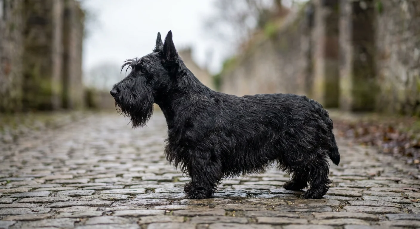 A black Scottish Terrier with its characteristic beard and wiry coat standing alert in a grassy area.