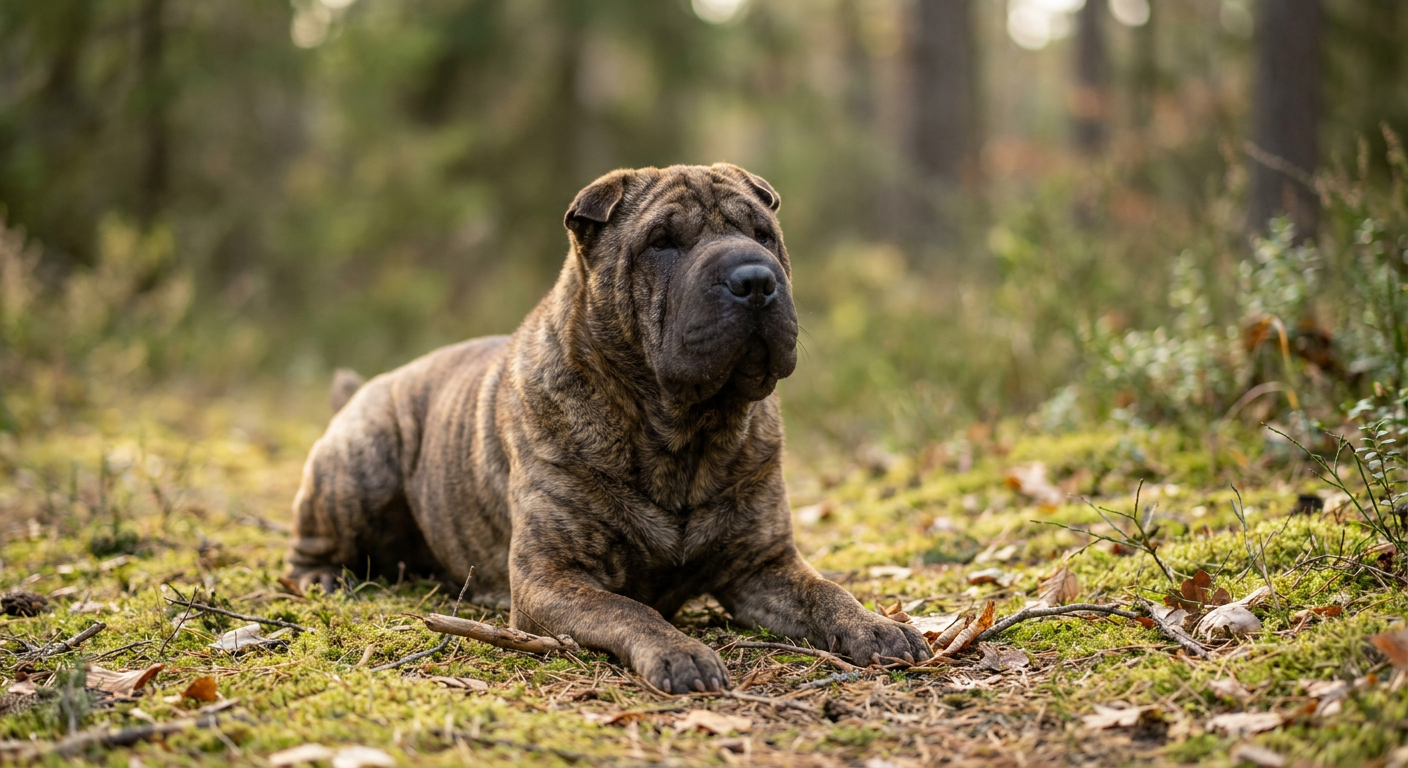 Wrinkled fawn Chinese Shar-Pei standing on a stone patio in afternoon light