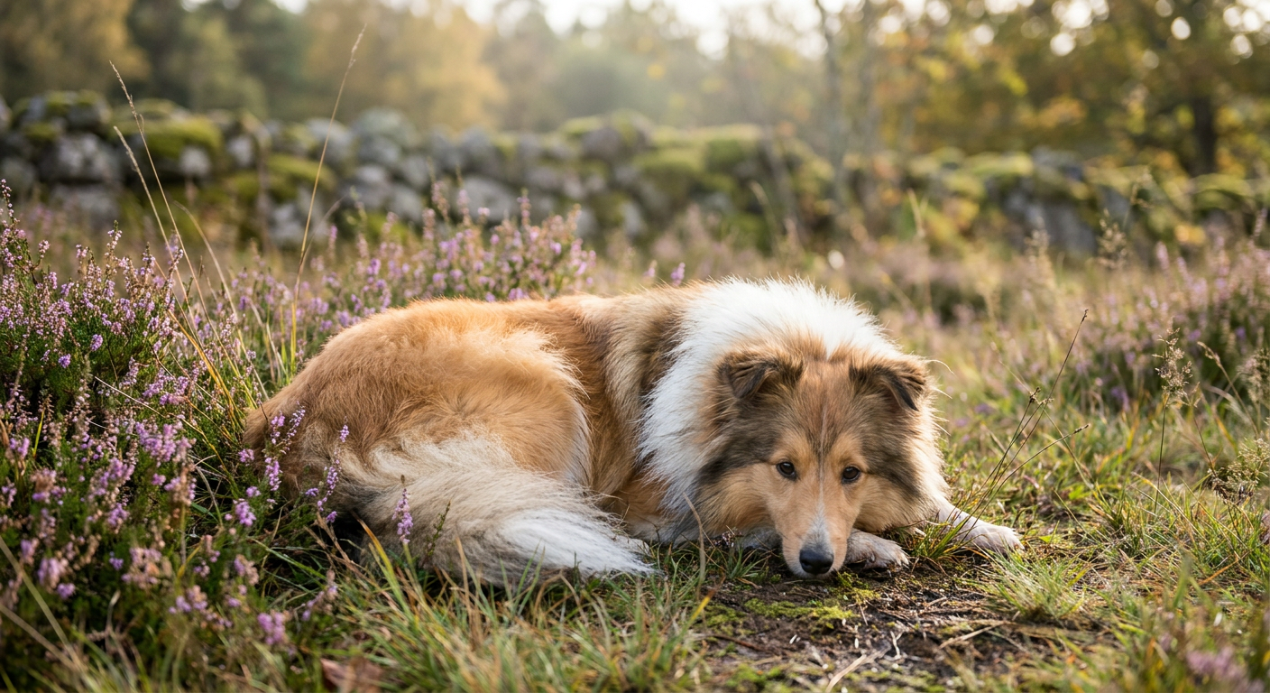 A sable and white Shetland Sheepdog standing in a green field.