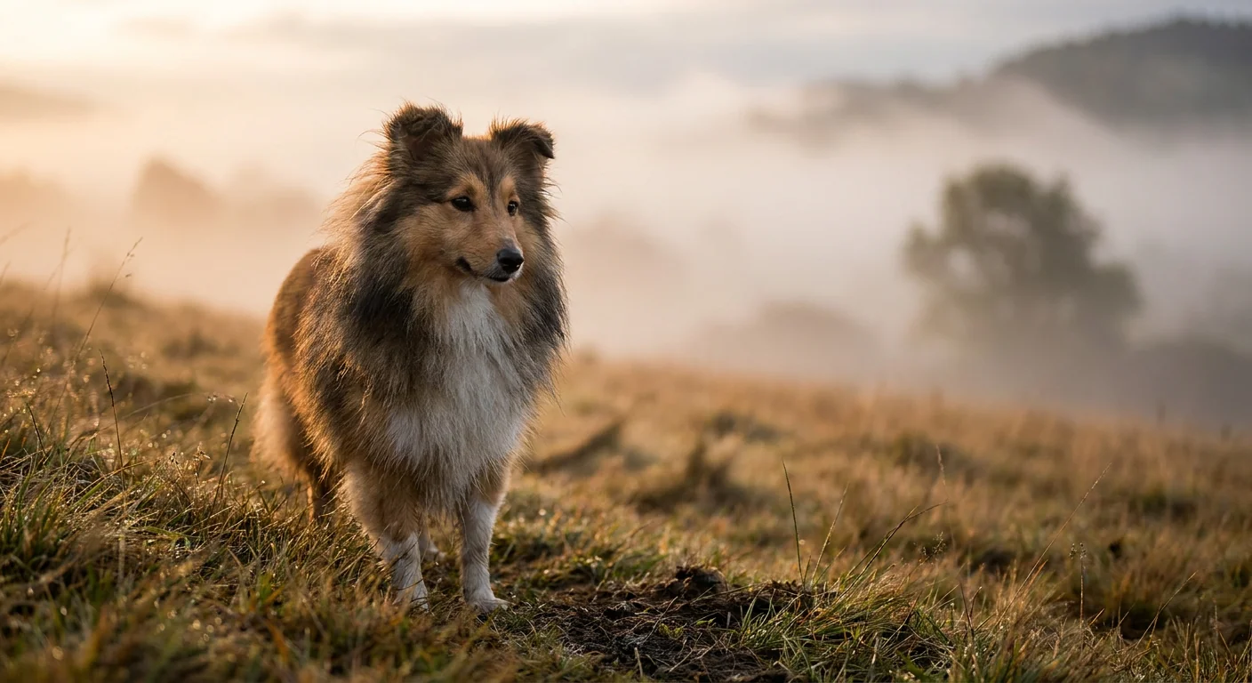 A sable and white Shetland Sheepdog standing in a green field.
