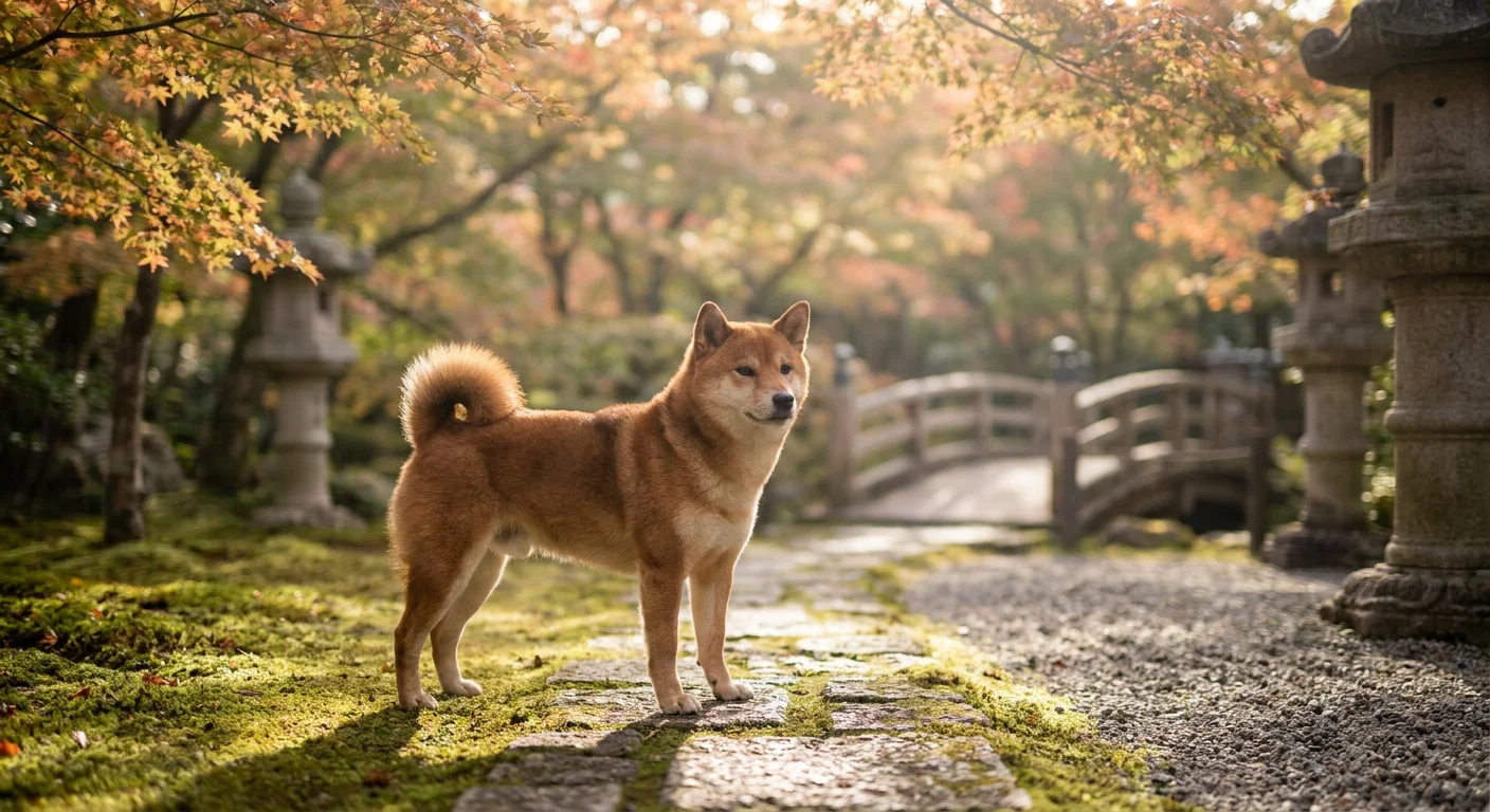 A red Shiba Inu standing alert in a forest.