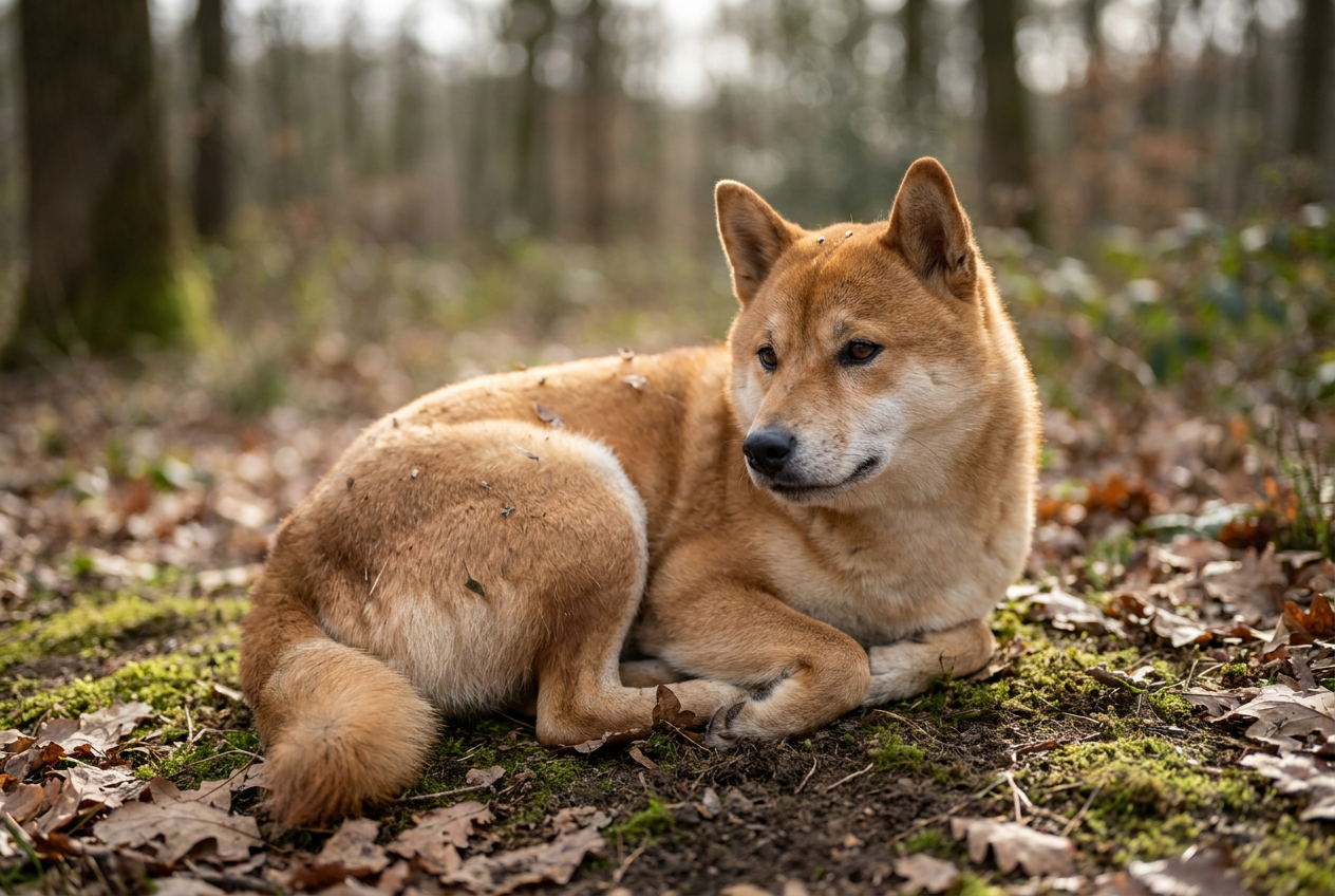 A red Shiba Inu standing alert in a forest.