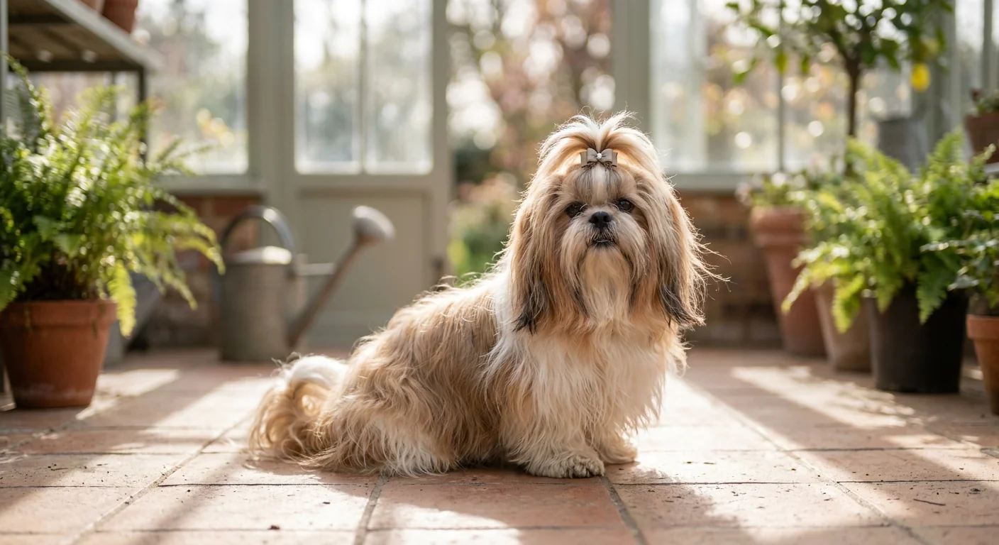 A Shih Tzu with a long, flowing multicolored coat sitting in a garden.
