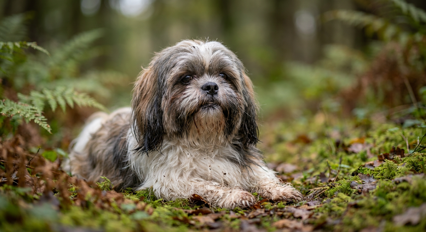 A Shih Tzu with a long, flowing multicolored coat sitting in a garden.